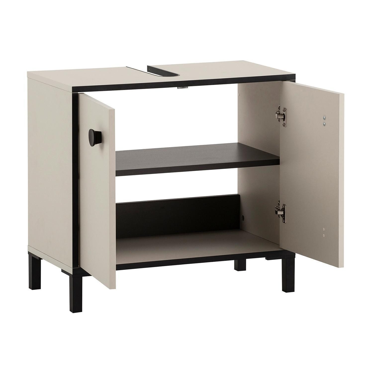 Schildmeyer Waschbeckenunterschrank EDDA, 2 Türen, Cremebeige, Schwarz, B 65 x H 60 x T 33 cm