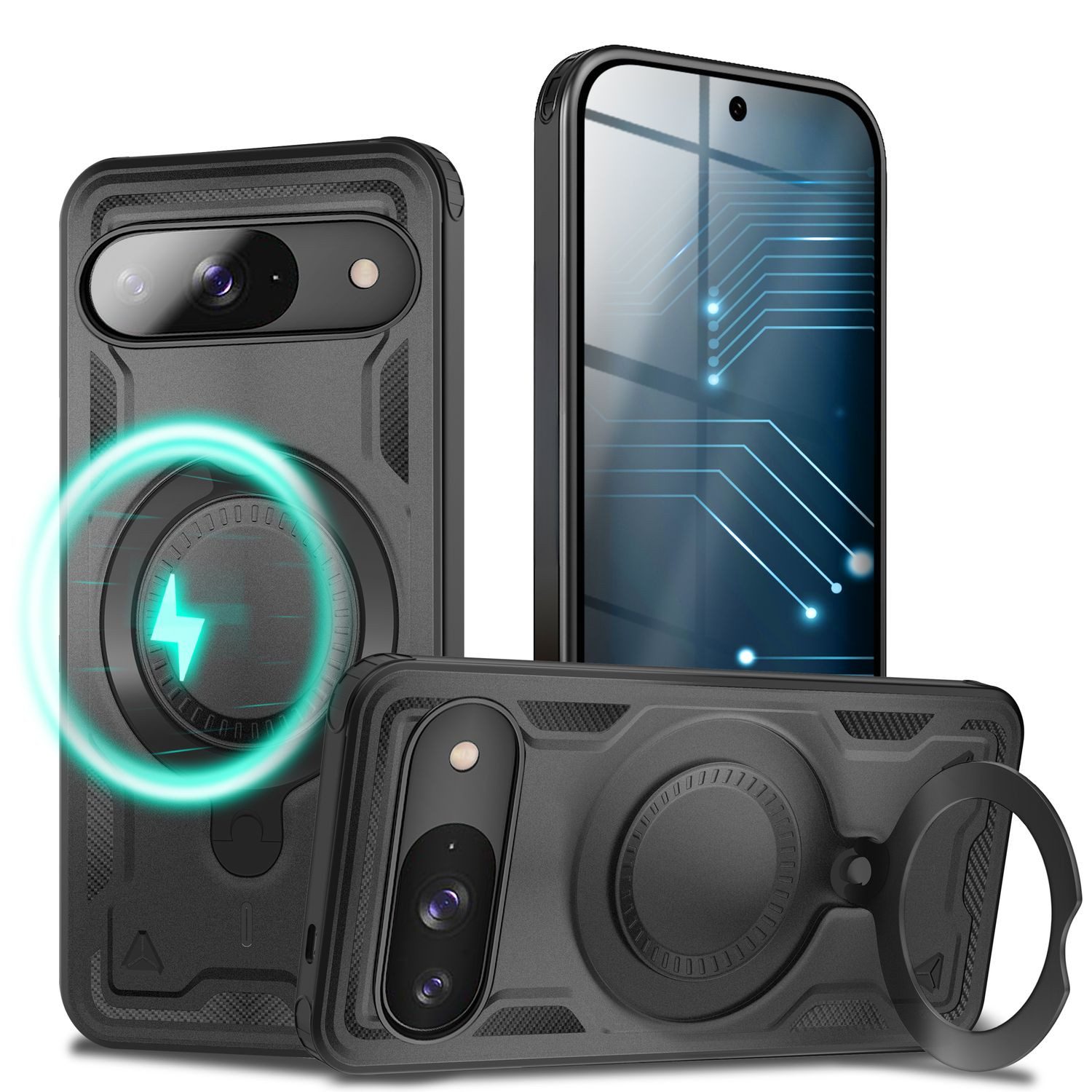 Nalia Smartphone-Hülle Google Pixel 9 16 cm (6,3 Zoll), Panzer Militärschutz / Extrem Robust / Magsafe / 360° Ring / Kickstand