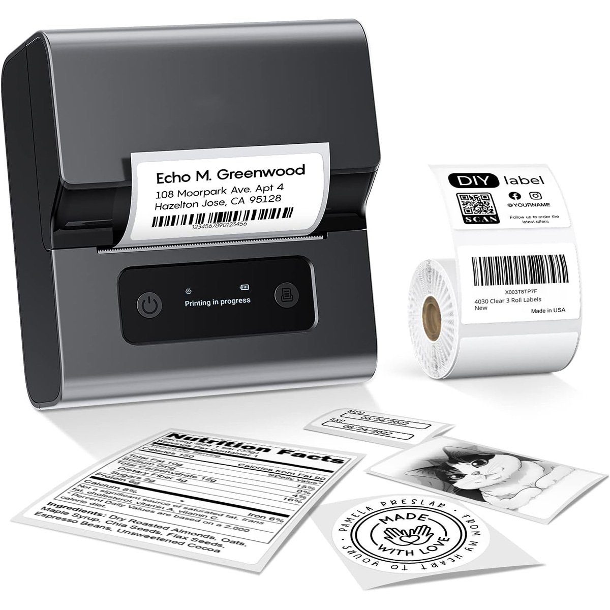 yozhiqu 3-Zoll-Bluetooth-Etikettengerät, selbstklebender Etikettendrucker Etikettendrucker, (für Barcode,Zuhause,Kleinunternehmen, kompatibel mit Android und iOS)
