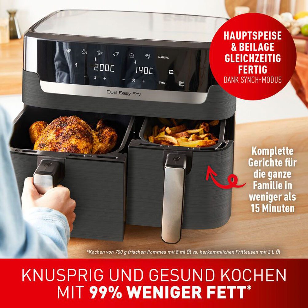 Tefal Heißluftfritteuse Dual Easy Fry & Grill EY905B, knusprig und gesund kochen, 8 voreingestellte Programme, 2700 W, Doppelkammer, inkl. Grillplatten