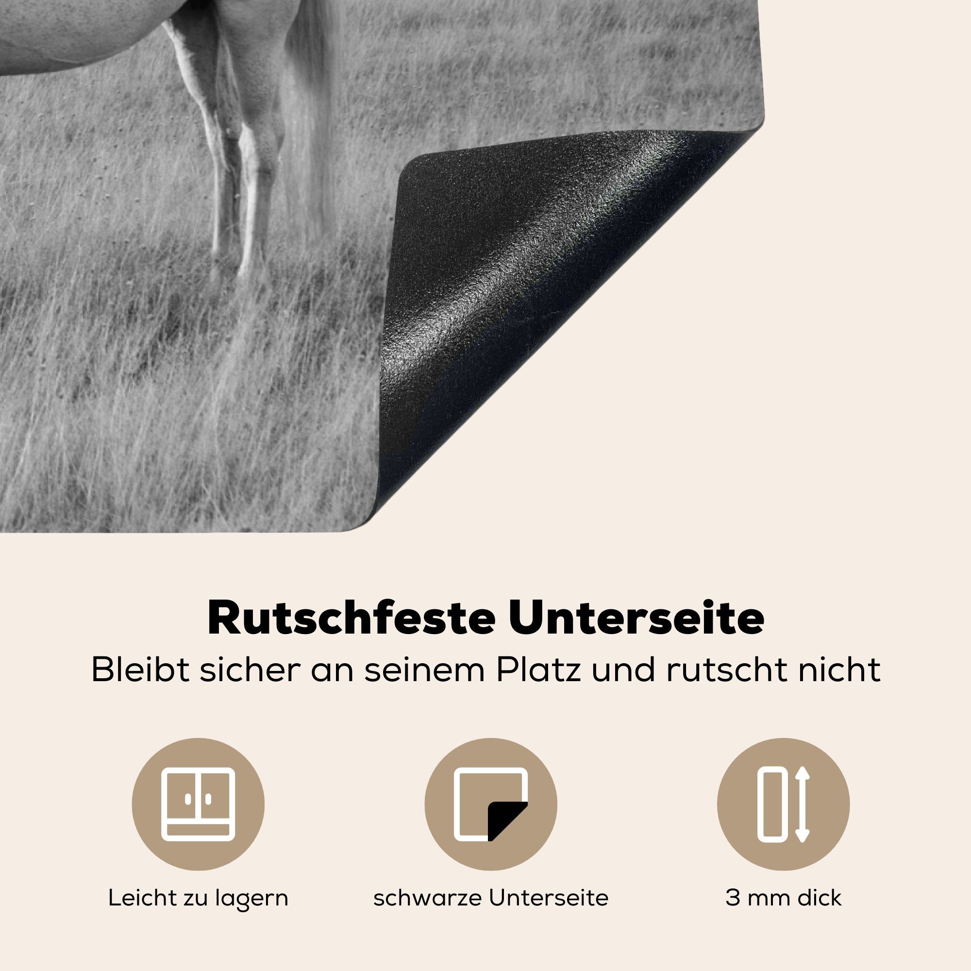 MuchoWow Herdblende-/Abdeckplatte Pferde Arbeitsplatte Tiere - küche Schwarz-Weiß Landleben, Porträt - - 81x52 Ceranfeldabdeckung, (1 - tlg), Vinyl, cm, für