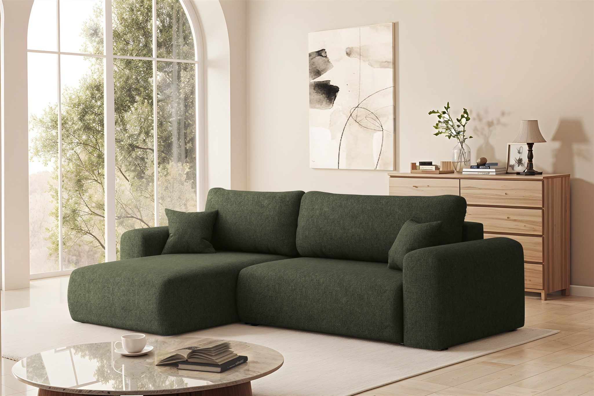 Fun Möbel Ecksofa Schlafsofa FLORA in Stoff, mit Bettkasten und 2 Zierkissen, Ottomane Links oder Rechts