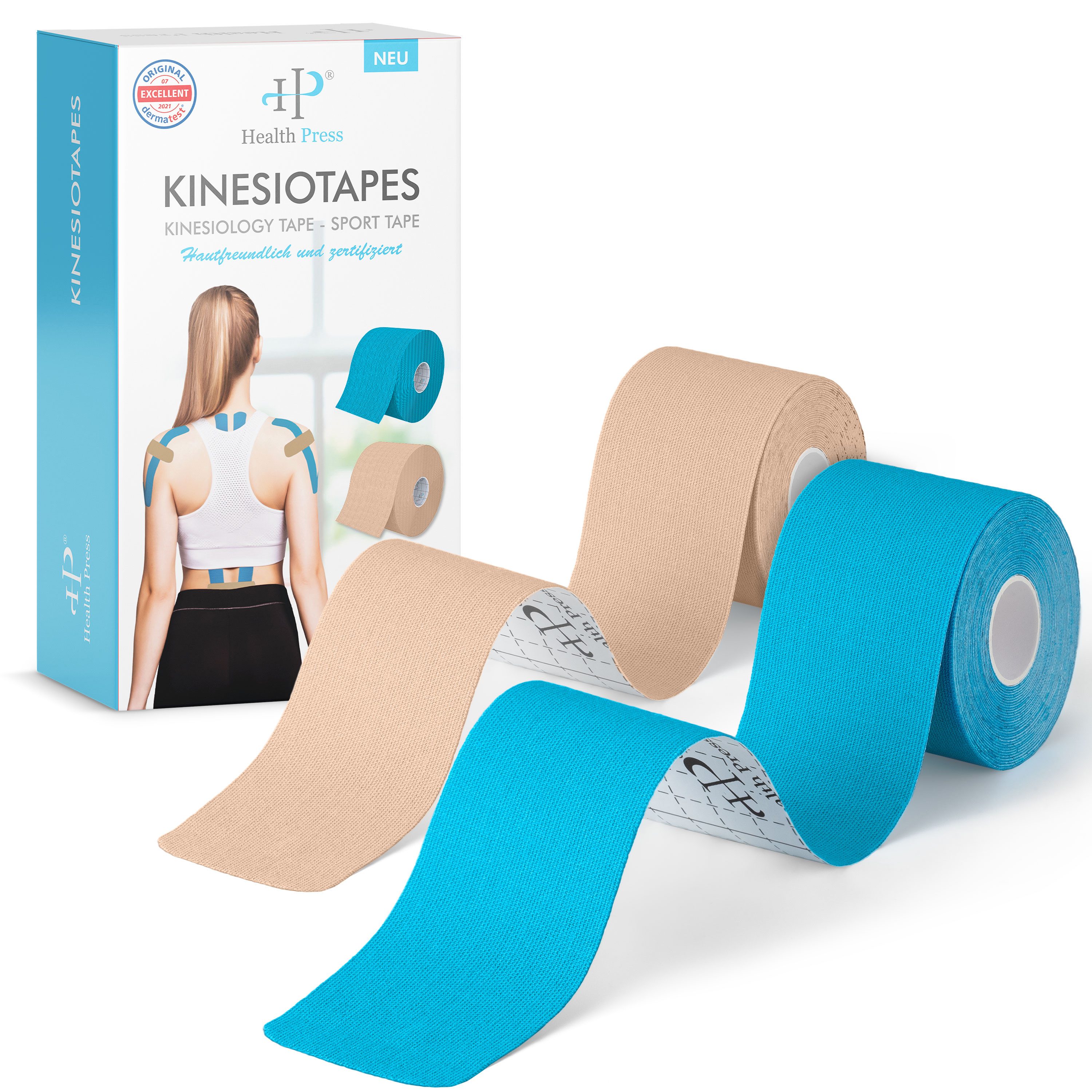 Health Press Kinesiologie-Tape 2 Rollen Profi Physio Tape & Sporttape Hautfreundlich (5cm x 5m) DERMATEST: SEHR GUT