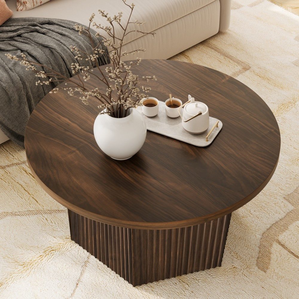FABATO Couchtisch rund Ø 80 cm mit Liftfunktion, höhenverstellbar 50–61 cm (1-St), versteckter Stauraum und Trommelsockel in 3D-Rillenoptik, Dunkelbraun – Bild 4 von 5
