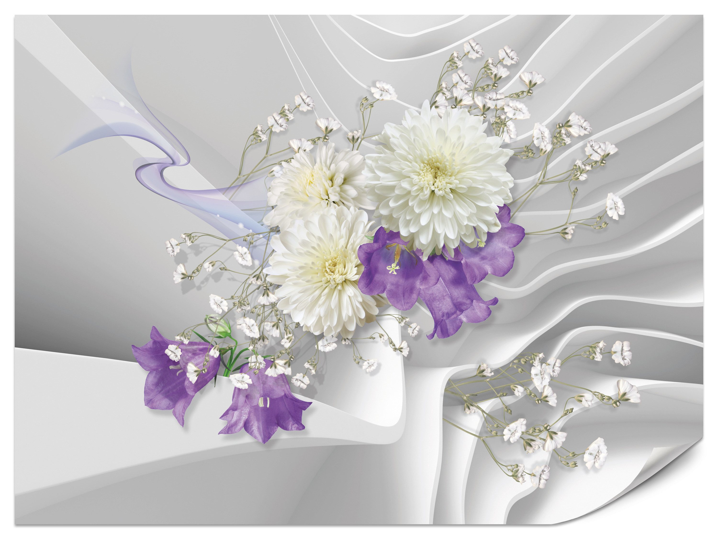 Muralo Fototapete Vliestapete - Weiße und violette Blumen mit 3D-Effekt, Glatt, Grafisch, (Packung, 1 St., 200x140 cm), Kleber im Set, 3D-Optik, Ins Schlafzimmer