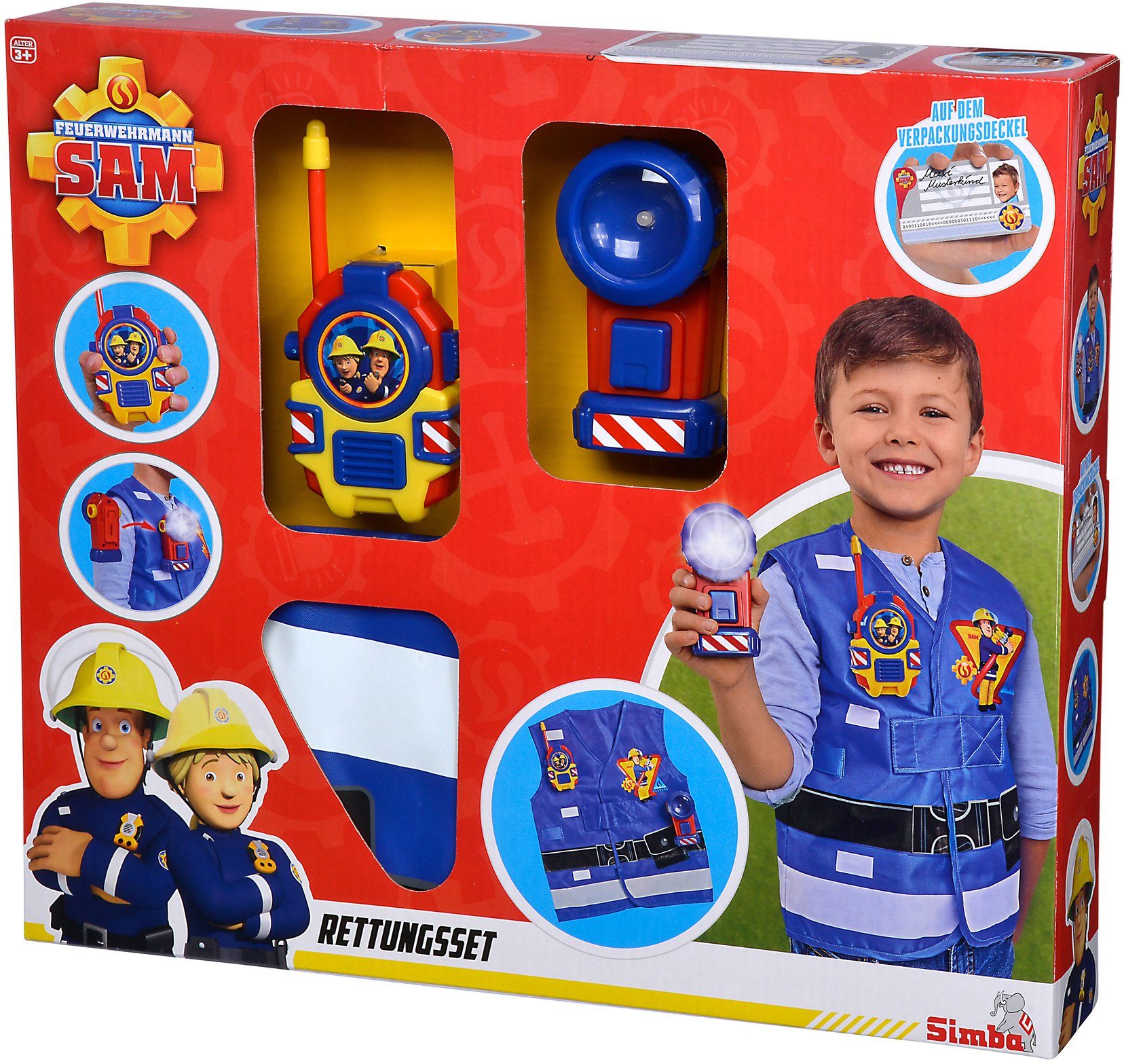 Feuerwehrmann Sam, Rettungsset, Feuerwehr 3-tlg), SIMBA mit Spielzeug-Schutzweste Walkie-Talkie und Taschenlampe (Set,