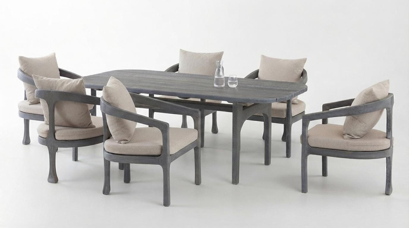 JVmoebel Essgruppe Graues Terrassen Set Exklusiver Esstisch Edle Gartenstühle 7tlg, (7-tlg., 7-tlg)