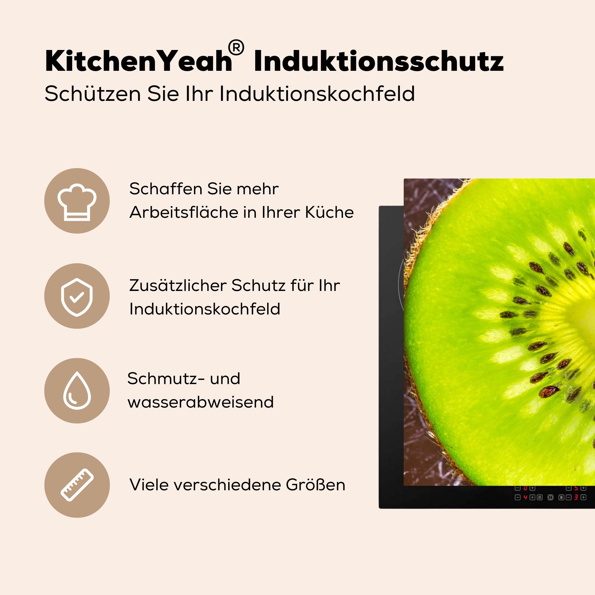 - küche, MuchoWow (1 cm, die Herdblende-/Abdeckplatte tlg), Ceranfeldabdeckung Kerne, für Früchte Induktionskochfeld - Vinyl, 81x52 Kiwi Schutz