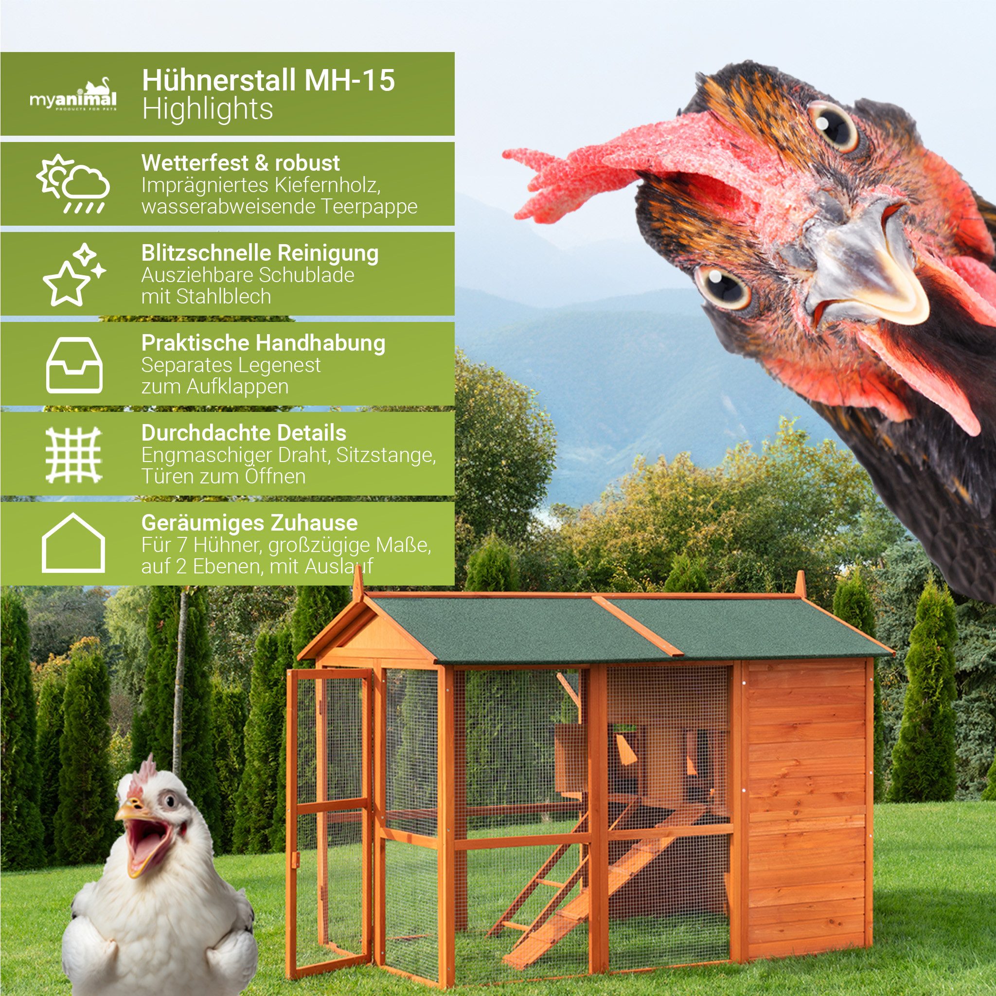My Animal Kleintierstall XXL Hühnerstall MH-15 - 7 Hühner - Hühnerkäfig - Wetterbeständig, Zwei trennbare Etagen, Nistkasten, Sitzstange, Hühnerhaus