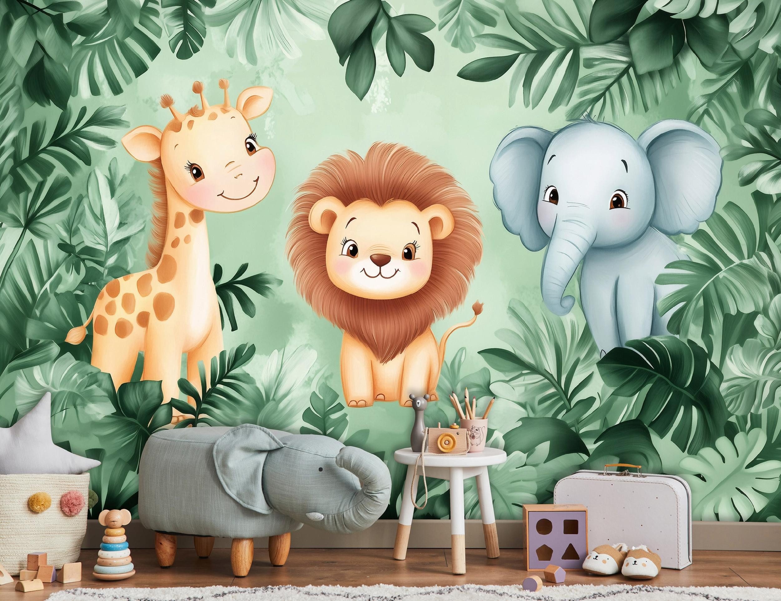 Wallarena Fototapete Tiere Dschungel - Grün - Modern - Vinyl - Kinderzimmer, glatt, (2 St), 254x184cm