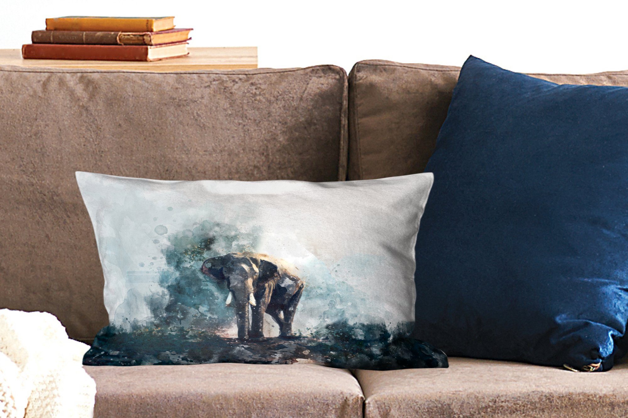 MuchoWow Dekokissen Elefant - Aquarell Füllung, Wohzimmer Dekokissen Zierkissen, Dekoration, mit Schlafzimmer - Blau