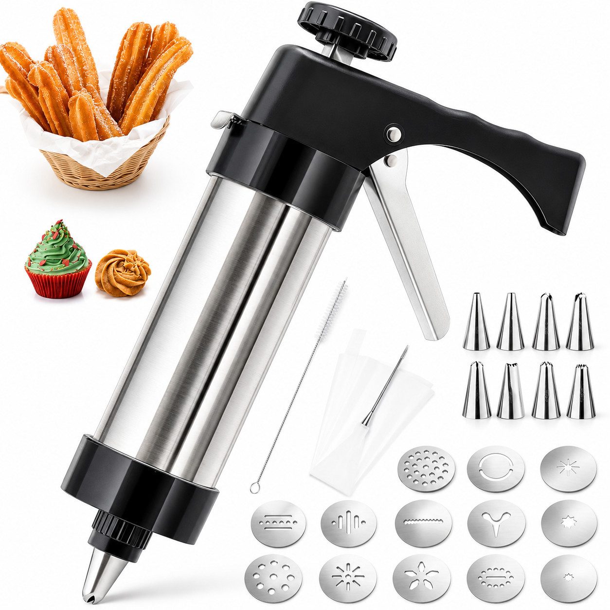 VEKROBOT Donut-Maker Multifunktionales Kekspresse Für Churros Gebäck Edelstahl den Haushalt, DIY Kuchenzubehör für Dekoration & Backen