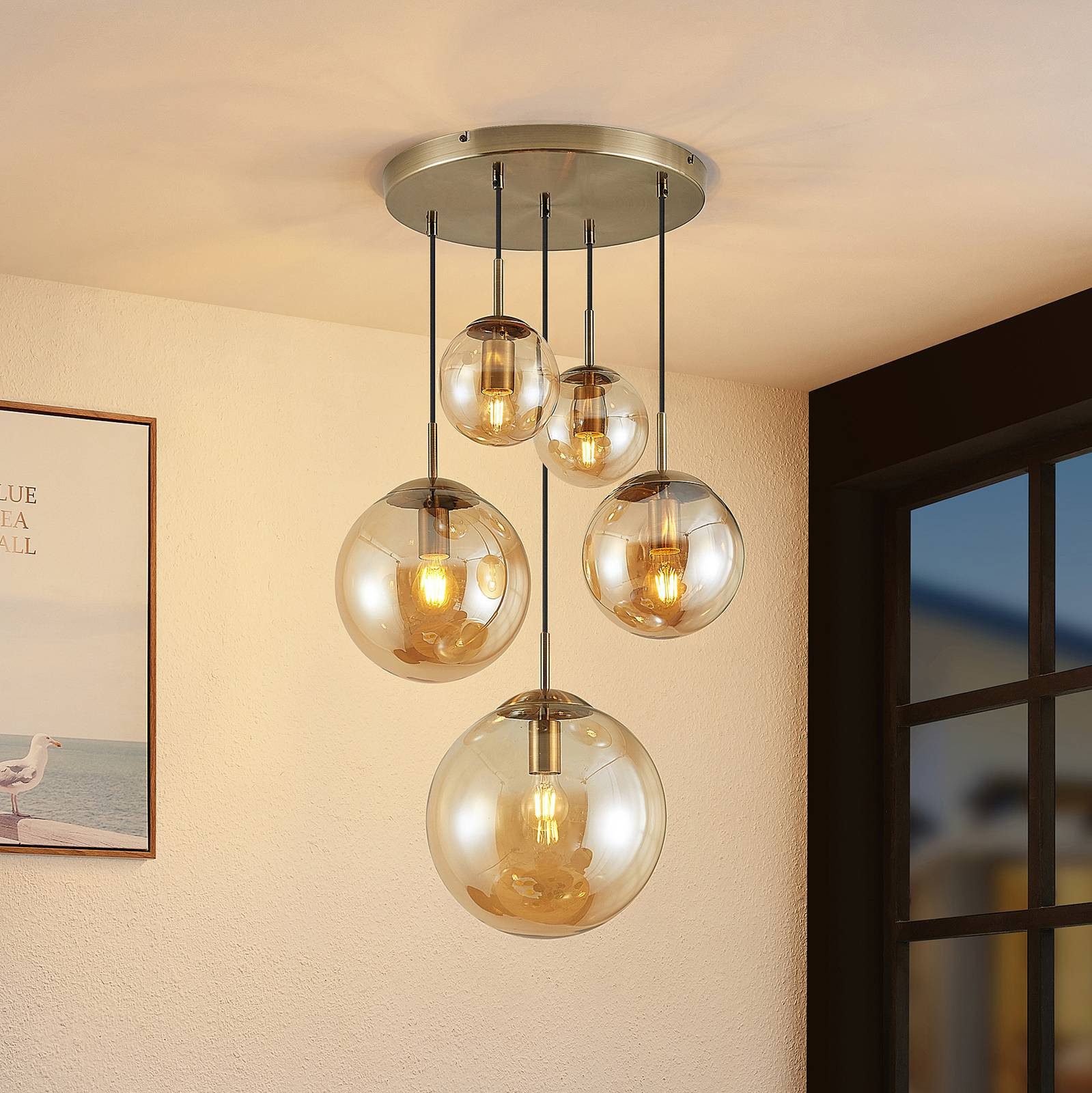 Lindby Hängeleuchte Teeja, Glas Creme IP20, 5 x 15 W LED