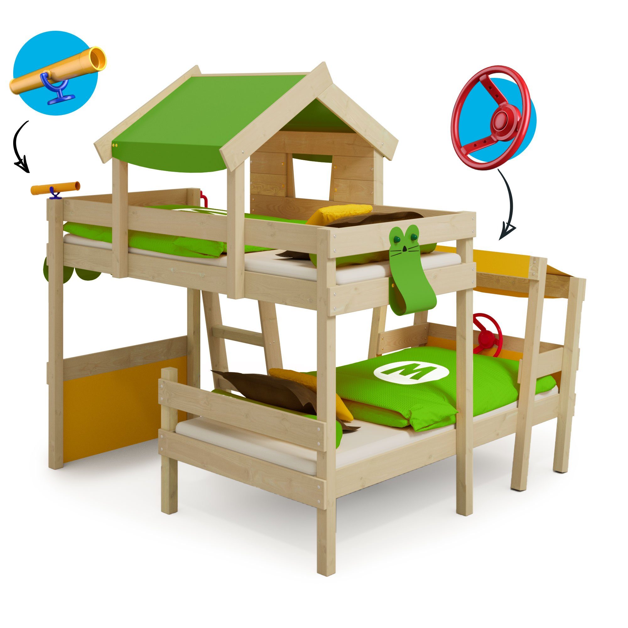 Wickey Kinderbett Crazy Trunky - 200 cm 90 Hochbett und Pfosten x Spielbett Brettern, Kinder), für apfelgrün/gelb aus Spielbett, (Holzpaket Massivholzbrett