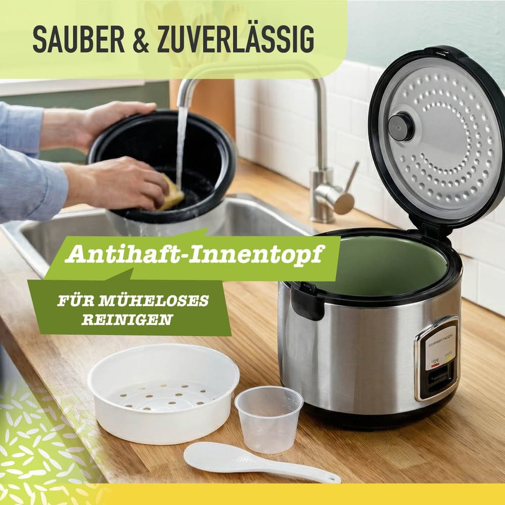 GOURMETmaxx Reiskocher mit Gartopf, 400 W, mit praktischer Dampfgarfunktion inkl. Dampfkorb/Reislöffel/Messbecher