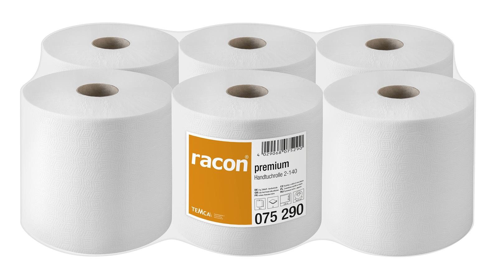RACON Papierhandtuch Handtuchrolle Premium - 20 cm x 140 m 2-lag. hochweiß 42 g/qm 6 Rollen