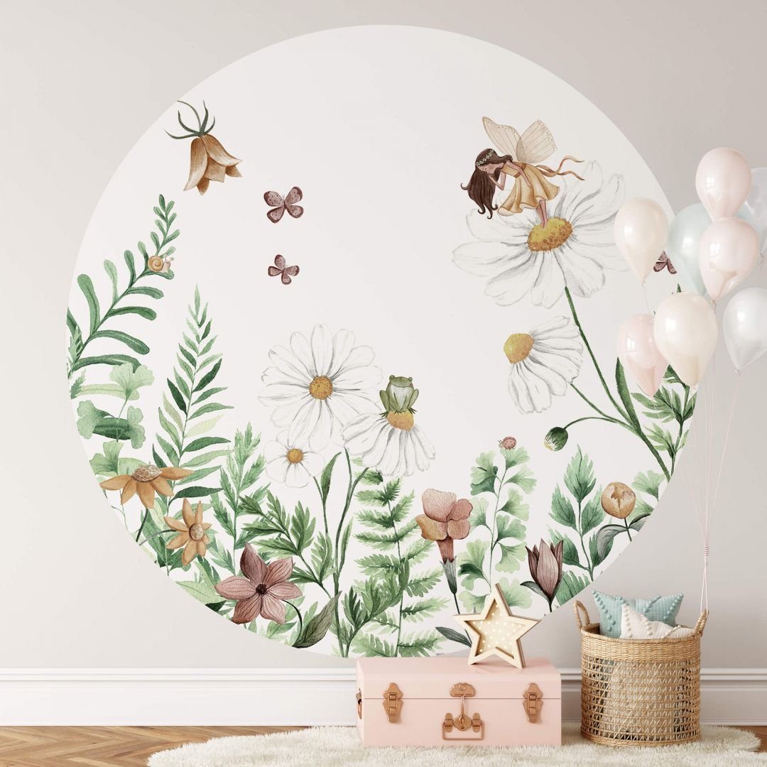 K&L Wall Art Fototapete Fototapete Baby Kinderzimmer Blumen Elfe Blumenwiese Vliestapete rund, große Kinder Motivtapete