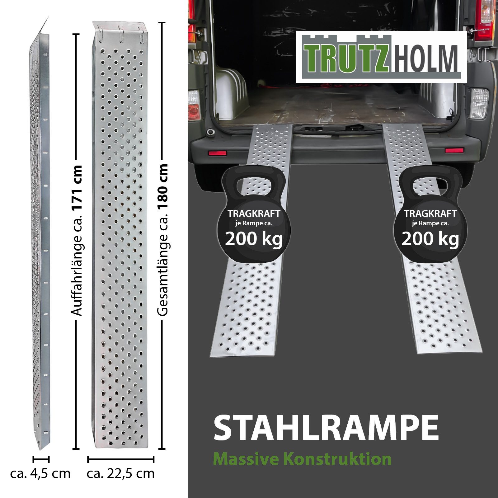 TRUTZHOLM Auffahrrampe 2x TRUTZHOLM Verladerampe 180 cm Tragkraft 400 kg Stahl profiliert (2-St., 2er Set), profilierte Oberfläche, robuste Konstruktion, massiver Stahl