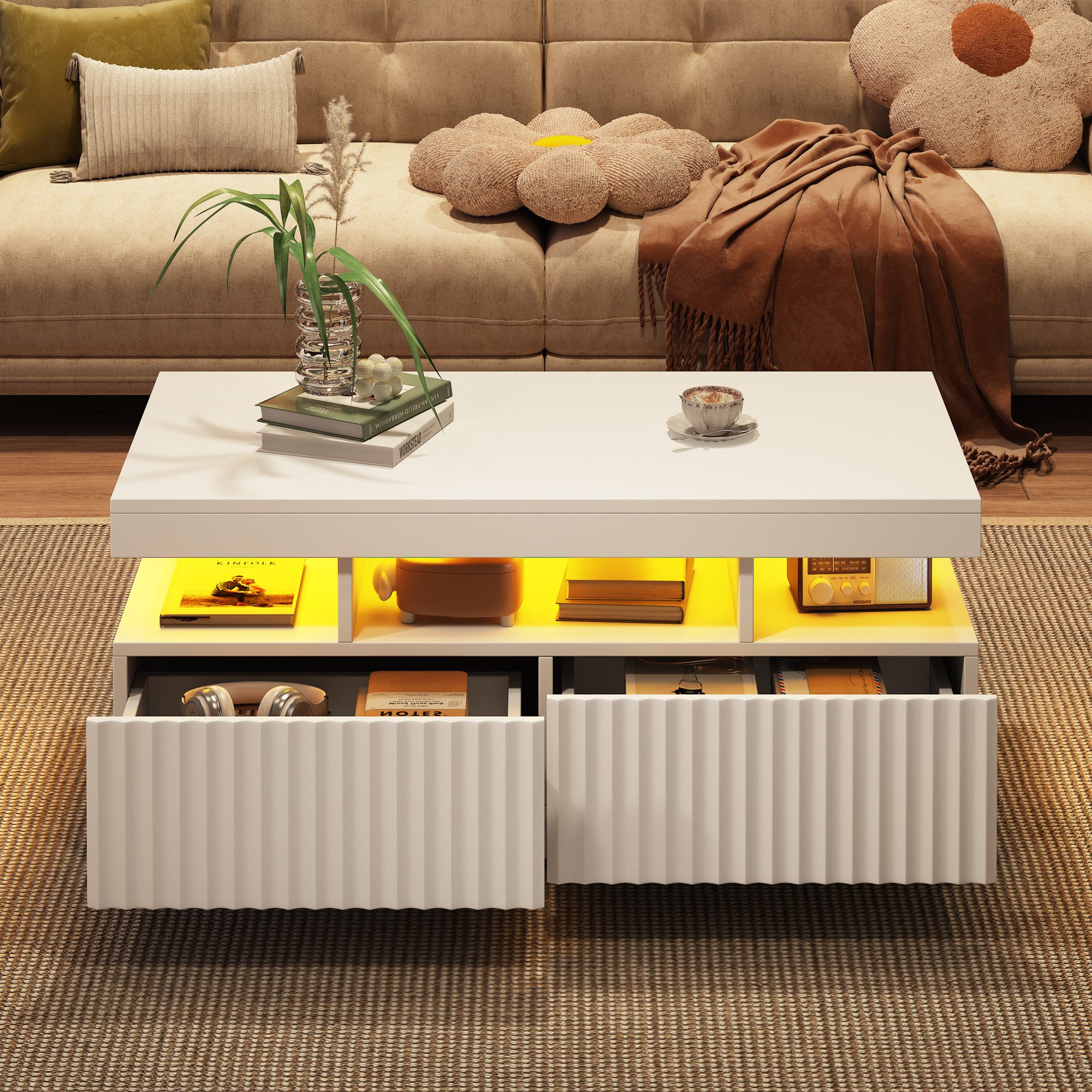 Merax Couchtisch Sofatisch Beistelltisch mit LED-Lichtleiste (Stauraumfunktion und robuster Spanplattenkonstruktion, 1-St., 100×50×45 cm), Wohnzimmertisch mit 2 Vakuumform-Schubladen und offenem Mittelteil