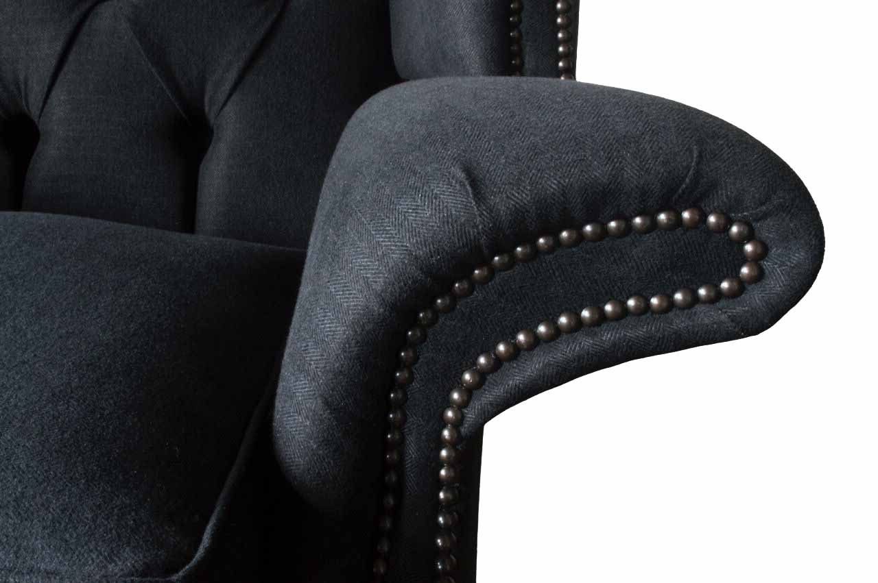 CHARCOAL Chesterfield-Sessel WING ARMCHAIR WOOL HERRINGBONE LARGE GREY JVmoebel CHESTERFIELD FABRIC