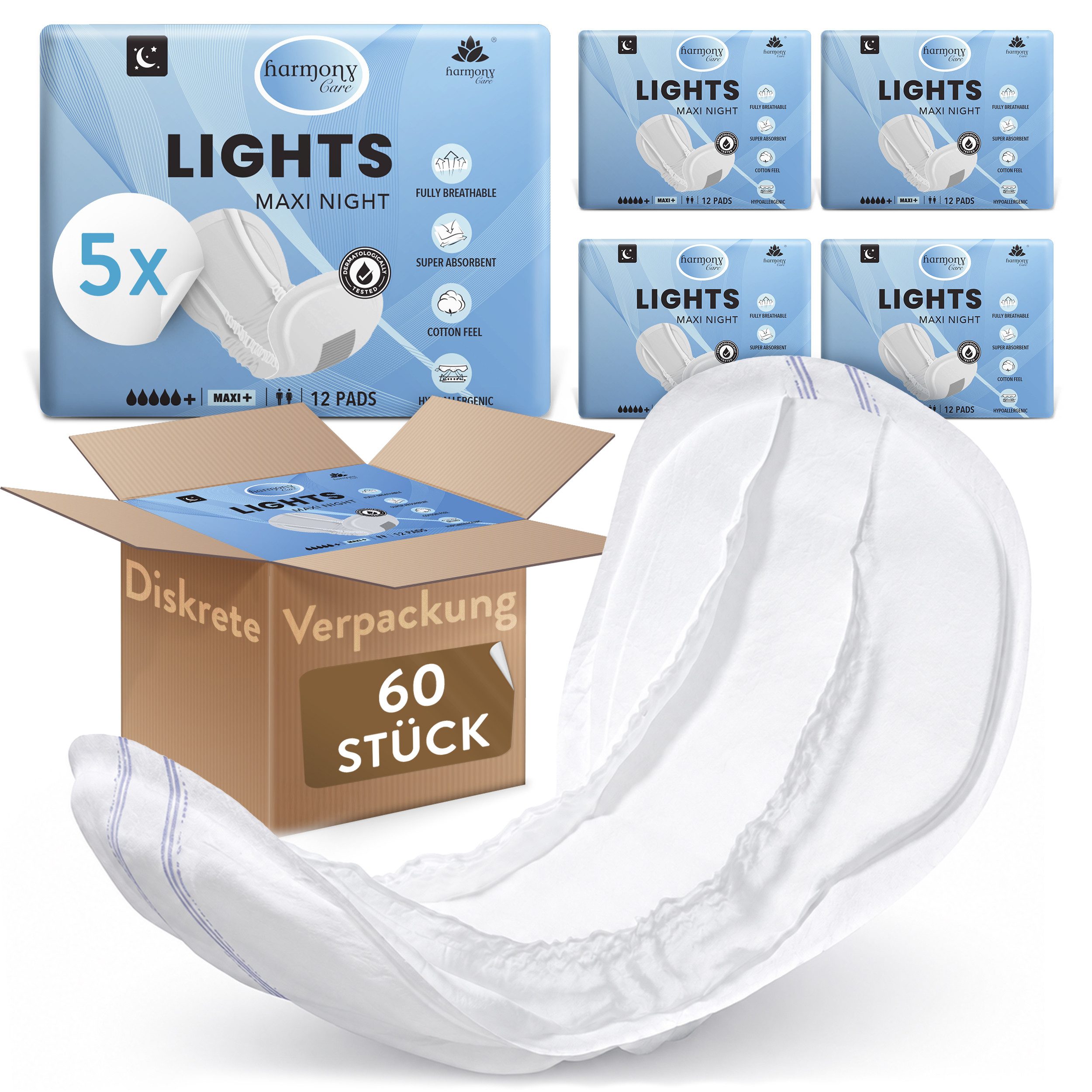 Harmony Care Inkontinenz-Einlage Lights Maxi Night – diskrete Unisex Inkontinenzeinlagen, bei leichter bis mittlerer Blasenschwäche, 60-St., mit Auslaufschutz und Geruchskontrolle