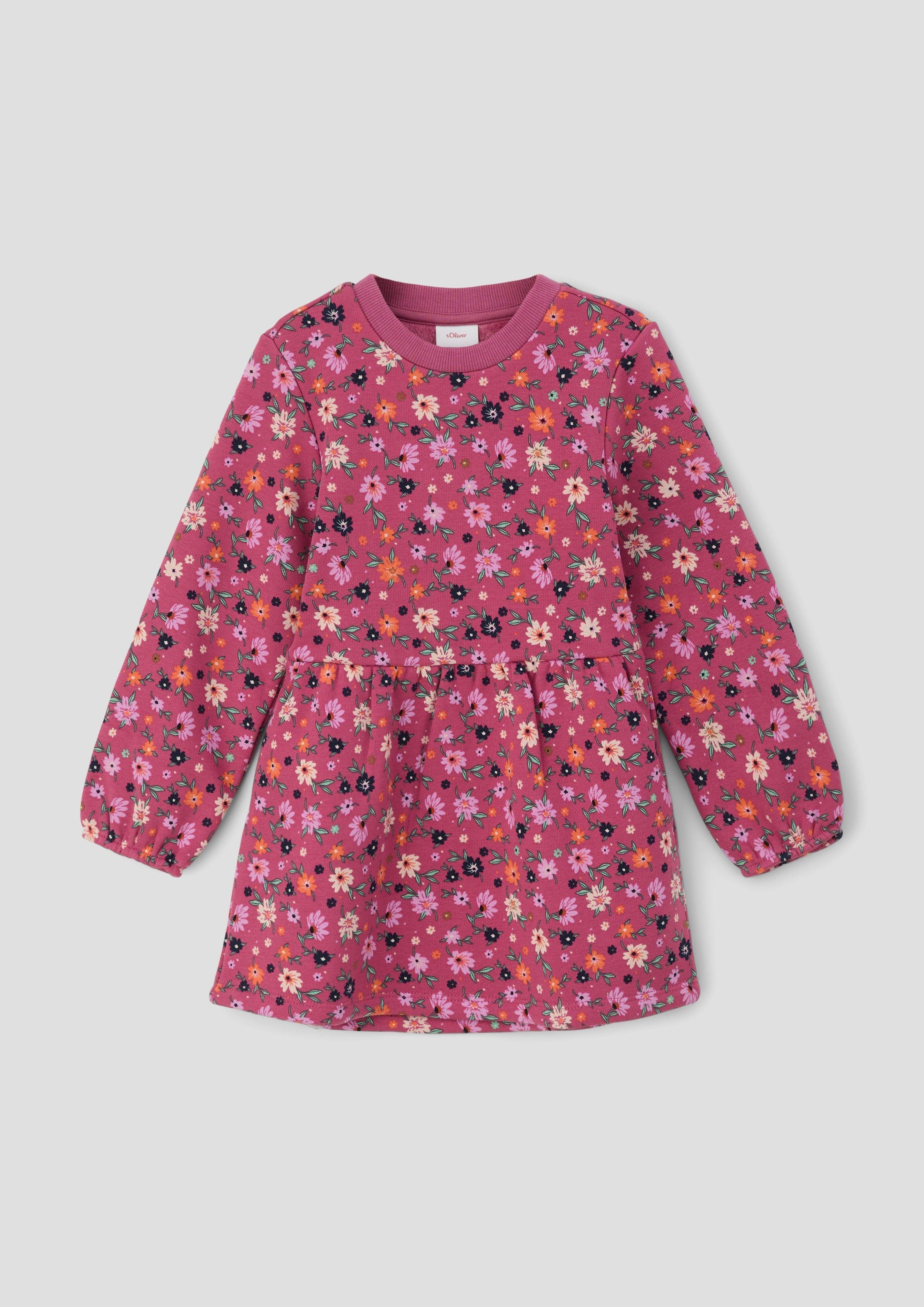 Allover-Print Raffung s.Oliver pink Minikleid mit Thermofleece-Kleid