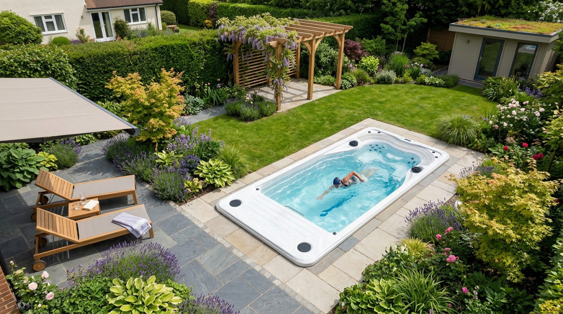 SPA Kompagniet Whirlpool Scandinavic Wood Art "Kefalonia" Swim Spa Gegenstromanlage 490×228 cm, Aufstellbecken, (Komplett mit Gegenstromanlage, Thermo-Cover, 2 Filtern und LED-Licht), inkl. isolierendes Thermo-Cover und 2x Eisboxen