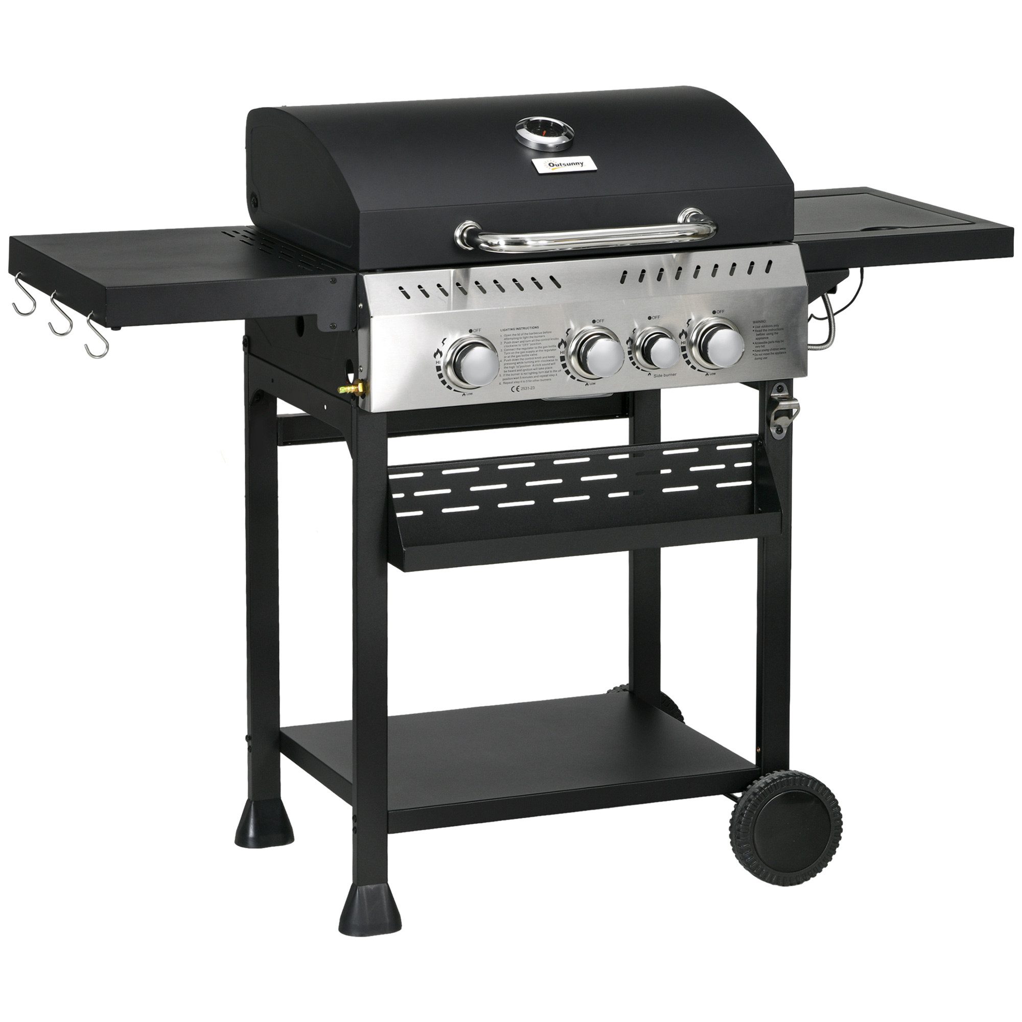 Outsunny Gasgrill inkl Seitenbrenner, Thermometer, Grillrost, Flaschenöffner, Gas-Grill 3 KW 3+1 Brenner, BBQ Grillwagen aus Edelstahl, für Balkon, Camping, 123 x 52 x 101cm