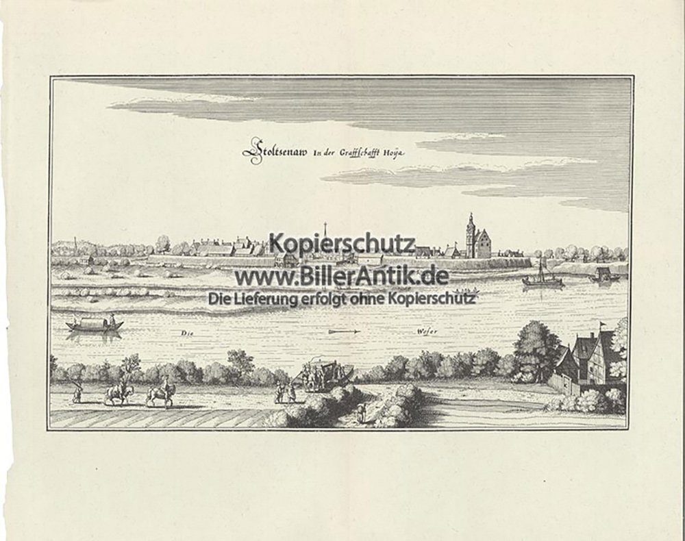 Kunstdruck Stolzenau in der Grafschaft Hoya Weser Amtshaus Kupferstich Merian O 0