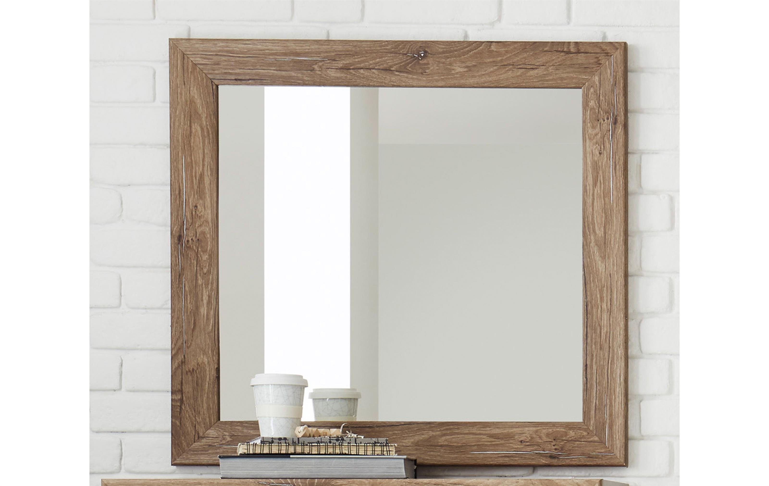 möbelando Wandspiegel Nigrita, Moderner Spiegel, Trägerplatte aus Spanplatte in Flagstaff Oak Nachbildung. Breite 80 cm, Höhe 75 cm, Tiefe 3 cm