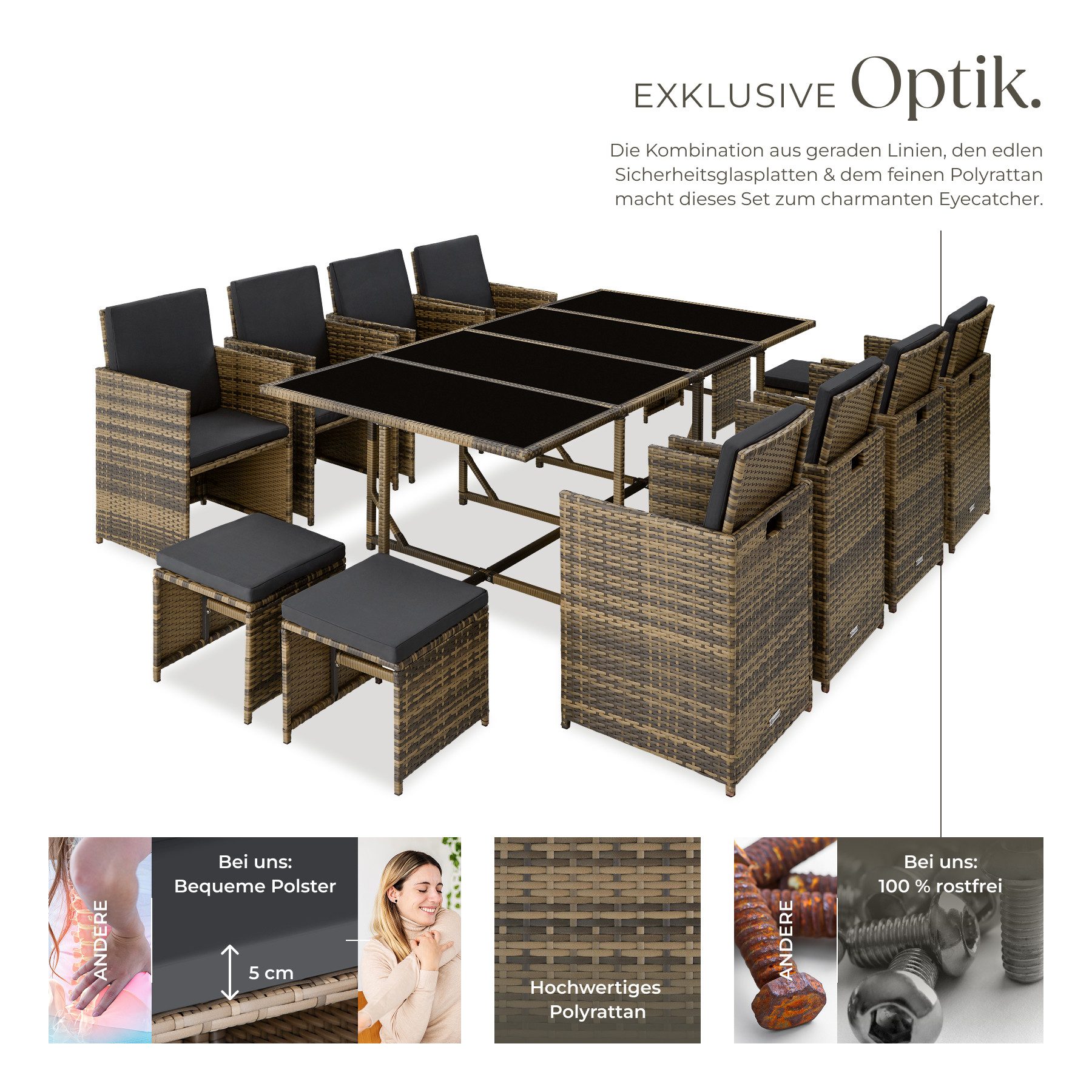 tectake Sitzgruppe Rattan-Gartenlounge für 8 bis 12 Personen, Inkl. Schutzhülle, (Loungeset Palma, 12-tlg., für Außen in Naturfarben/Dunkelgrau), widerstandsfähig, UV-beständig, mit Sicherheitsglasplatten