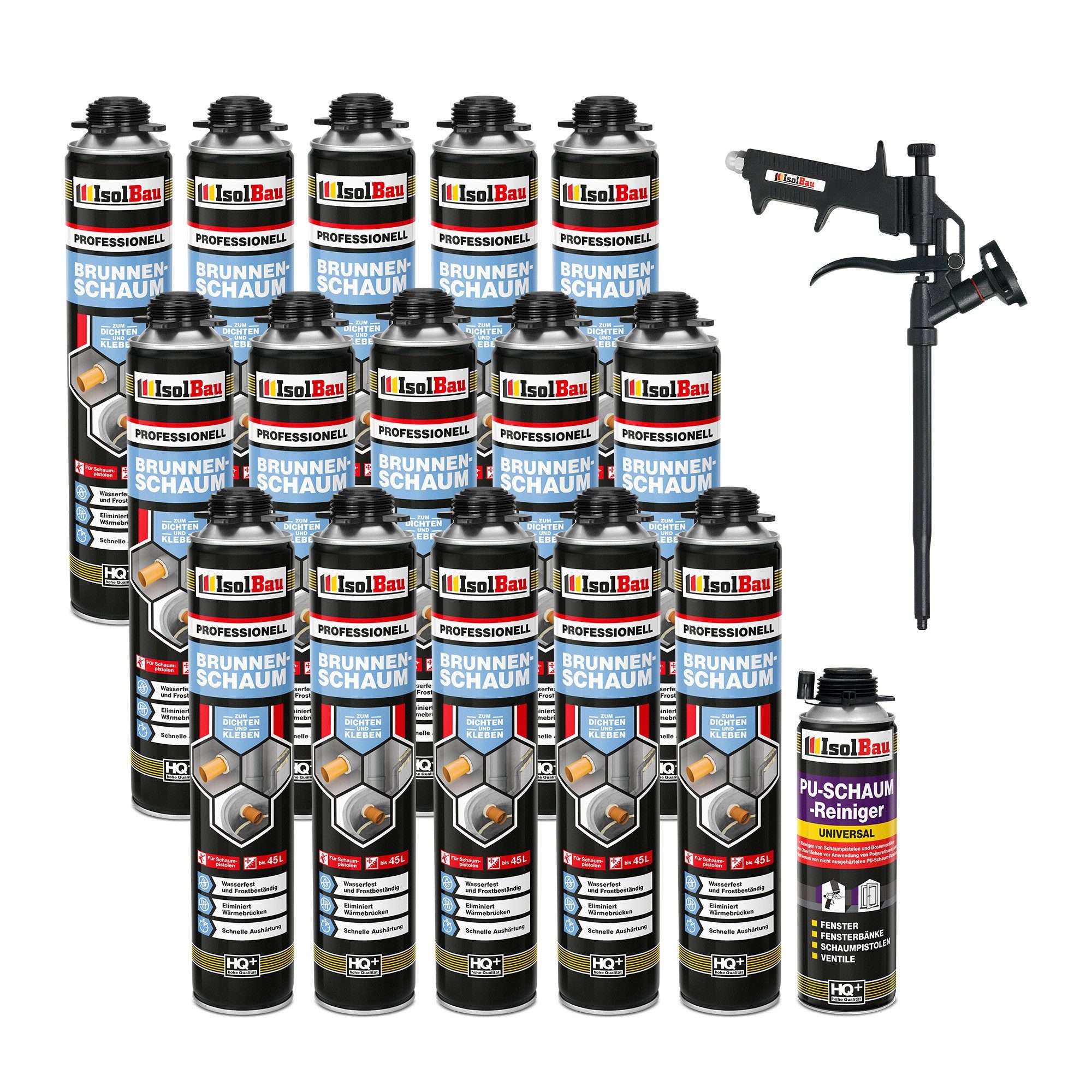 None Montagekleber Isolbau SET Brunnenschaum 1K Bauschaumpistole PU-Schaum 15 x 750 ml, Montageschaum 750 ml, 1 x PU-Schaum-Reiniger & 1 x Schaumpistole