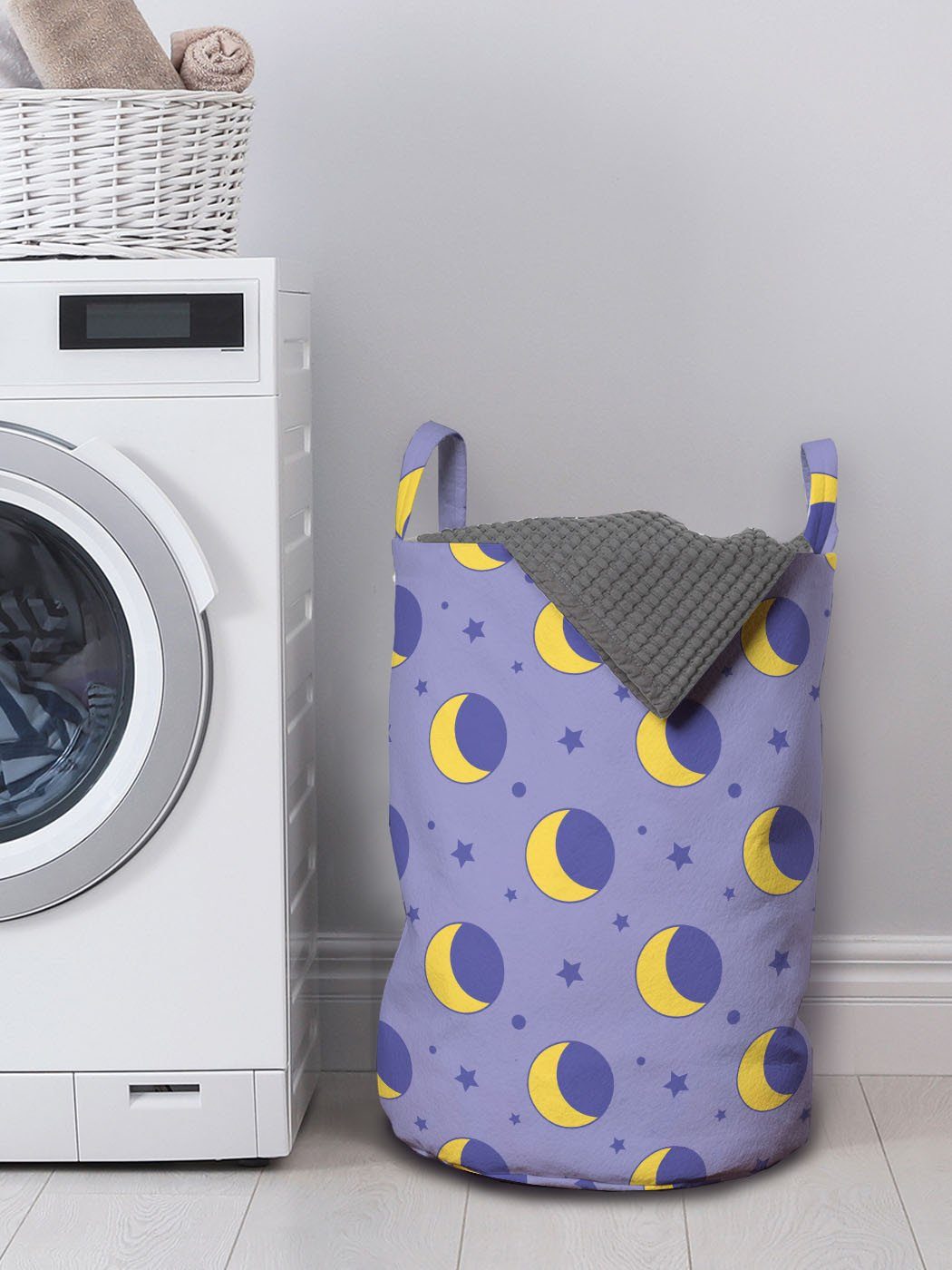 Kinder-Nachthimmel Wäschekorb mit Griffen Wäschesäckchen Cartoon für Abakuhaus Mond Waschsalons, Kordelzugverschluss
