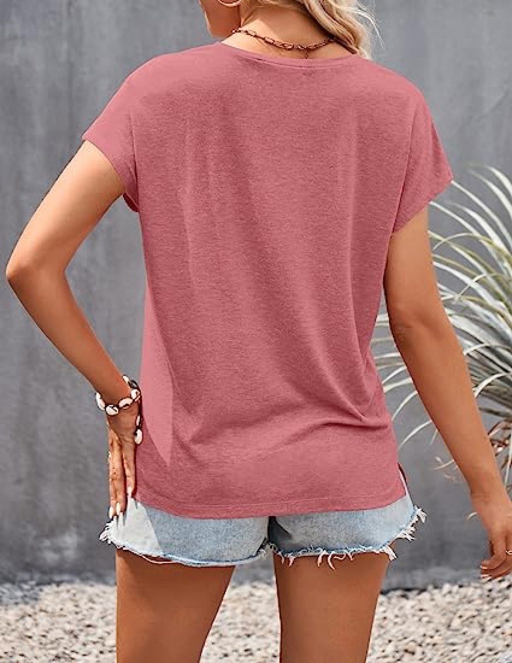 lockeres carefully V-Ausschnitt Damen-Oberteil Sommer-T-Shirt selected V-Shirt mit Rosa –