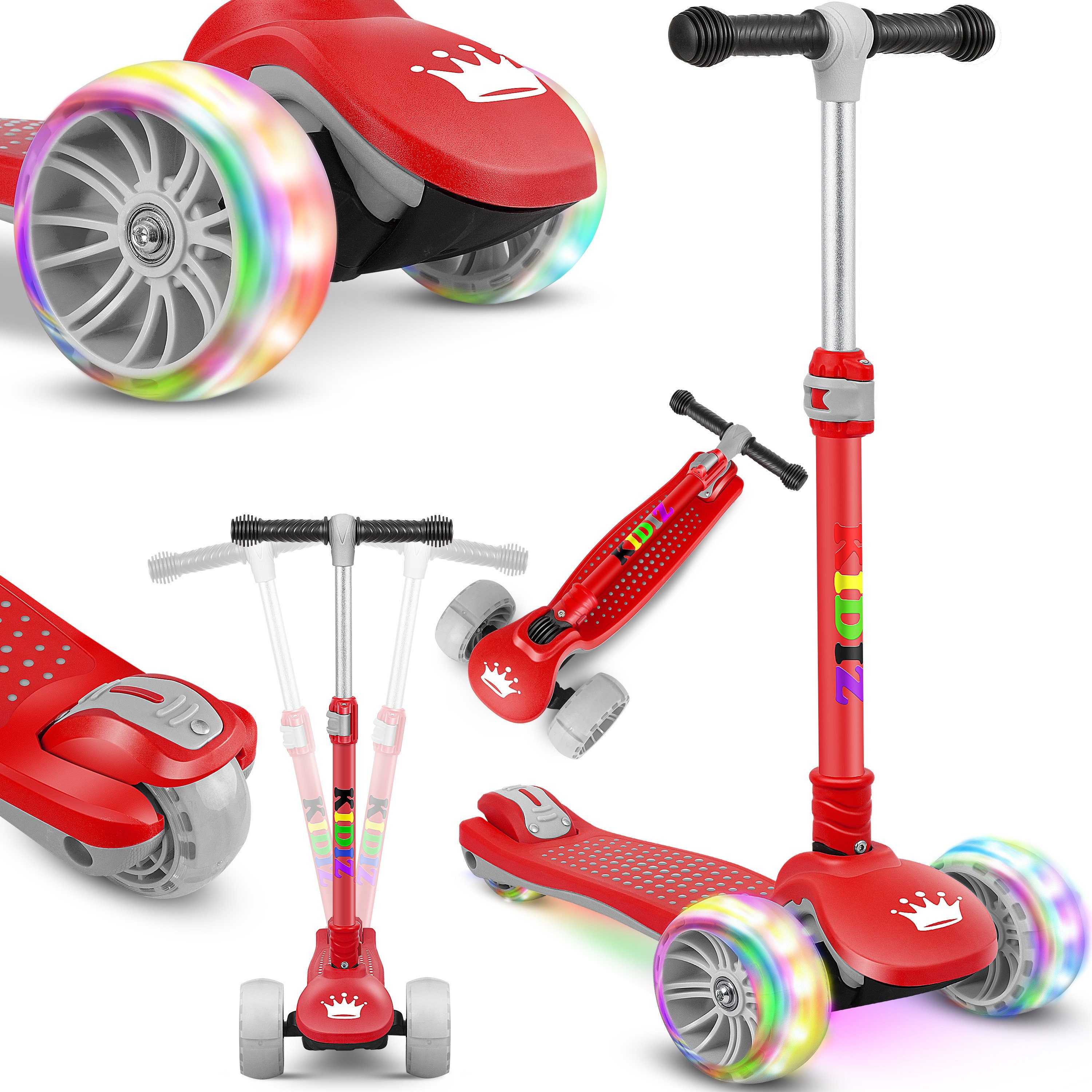Kinderroller Scooter 3-Räder 3in1 LED Rot Cityroller verstellbare Höhe mit Sitz 