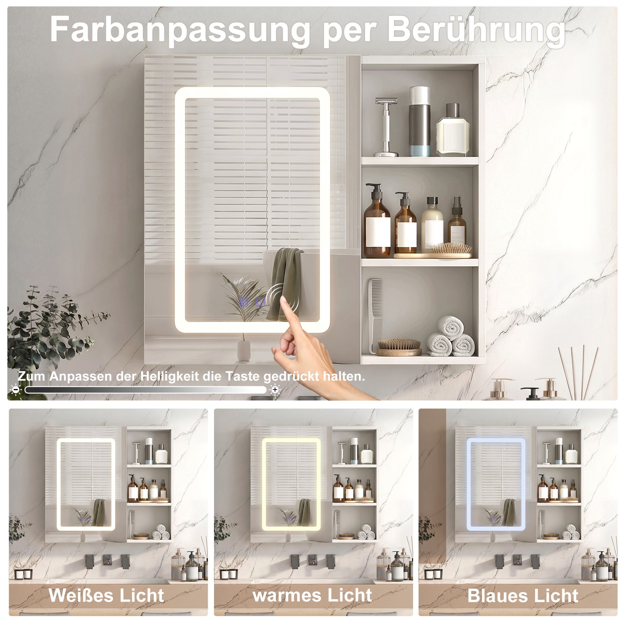 Simurq Spiegelschrank Bad mit Beleuchtung und offene Regal, Anti-Beschlag, 1 Türen (Badschrank mit Spiegel & verstellbare Ablagen) Badezimmerspiegelschrank Hängeschrank