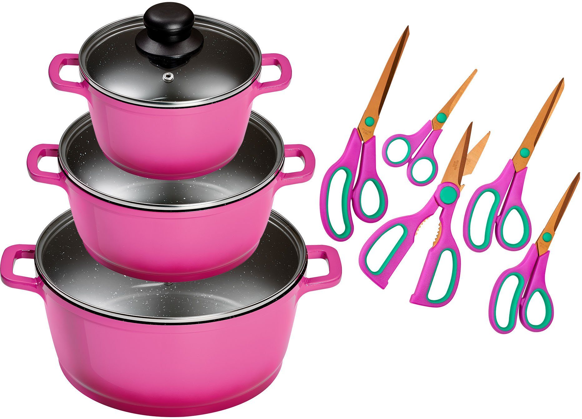 KING Topf-Set ALUGUSS, Aluminiumguss (Set, 11-tlg., je 1 Kochtopf mit Deckel 16/20/24 cm, 5 Haushaltsscheren), Induktion,Keramik-Antihaft-Beschichtung