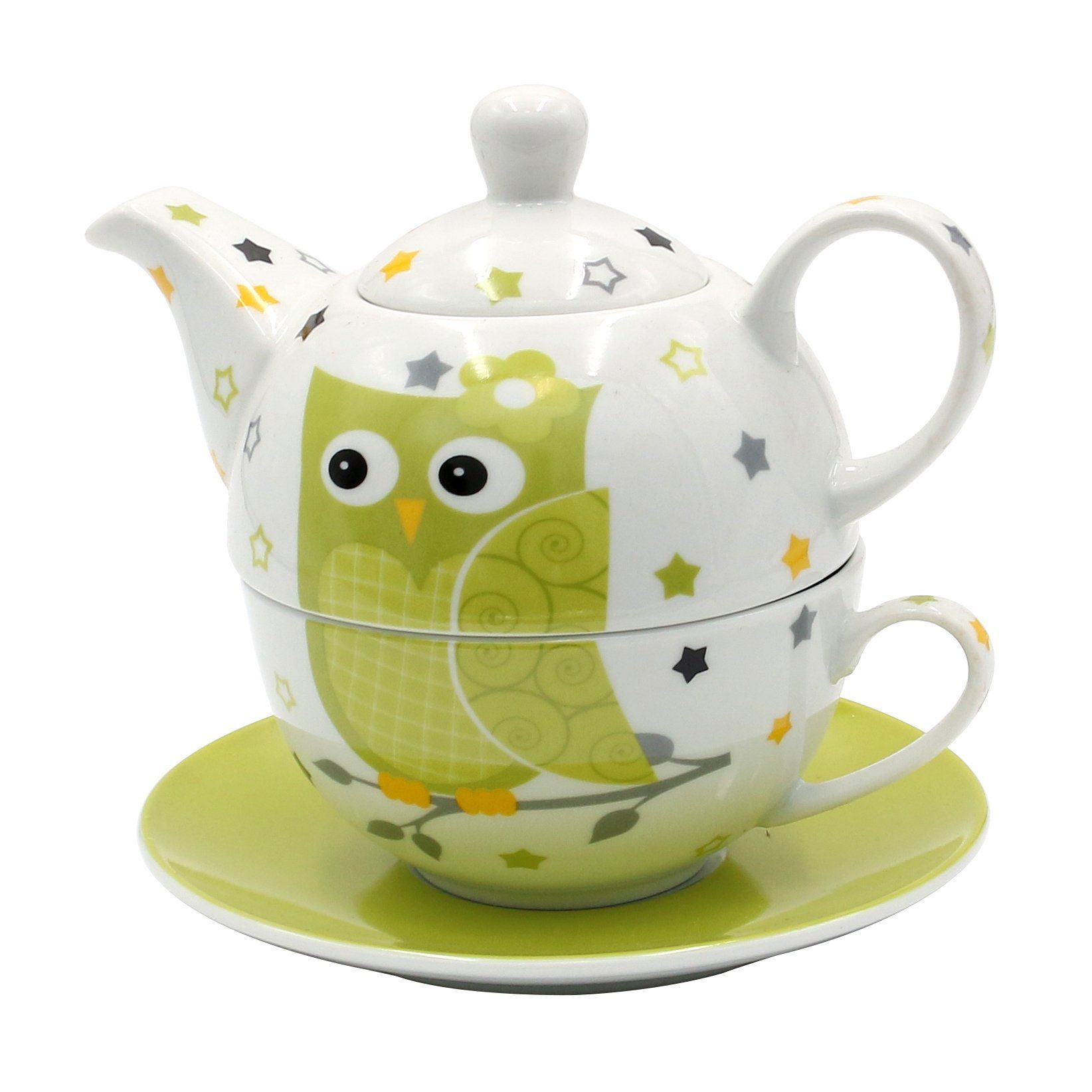 Dekohelden24 Teekanne Porzellan Teekannen-Set / Tea for one mit Eule, 3-teilig, L/B/H 16 x, (Set, 1-St)