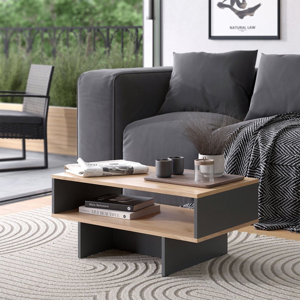 Vicco Couchtisch Josef, Anthrazit/Goldkraft Eiche, 80 x 46,2 cm mit 1 Regal