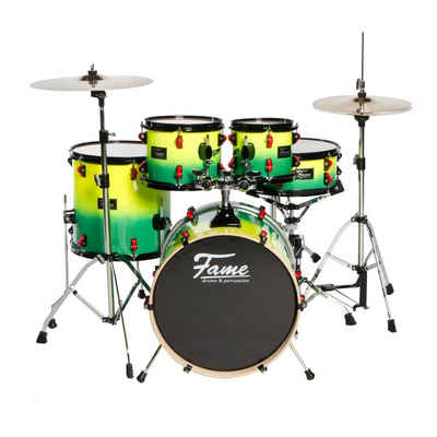 FAME Schlagzeug,5 PC Junior Drumset, Neon Gelb Grün, Kinder Schlagzeug Set, inklusive Becken und Hardware, geeignet für Valentin, 5 PC Junior Drumset, Kinder Schlagzeug Set, Becken und Hardware