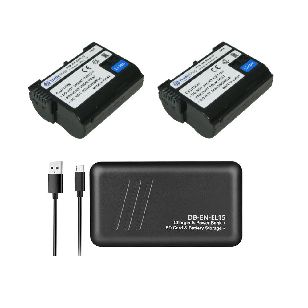 Trade-Shop Dual Ladegerät Powerbank für Nikon 1 V1, D7000, D7100, D7200 mit 2x Kamera-Akku Li-Ion, Anschluss über Micro-USB, USB-C oder USB-A / mit Speicherkarten-Slot