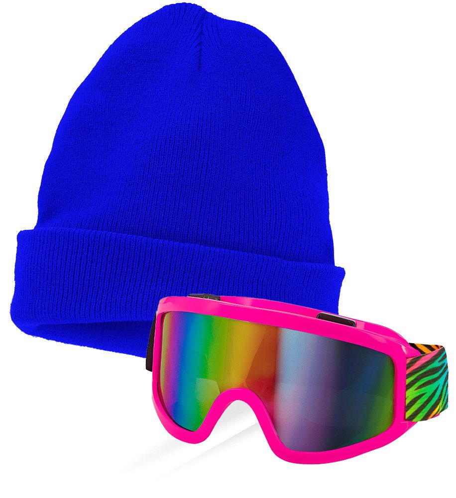 Widmann S.r.l. Kostüm Party Skibrille und Mütze Apres-Ski Set Neon blau Tiger pink