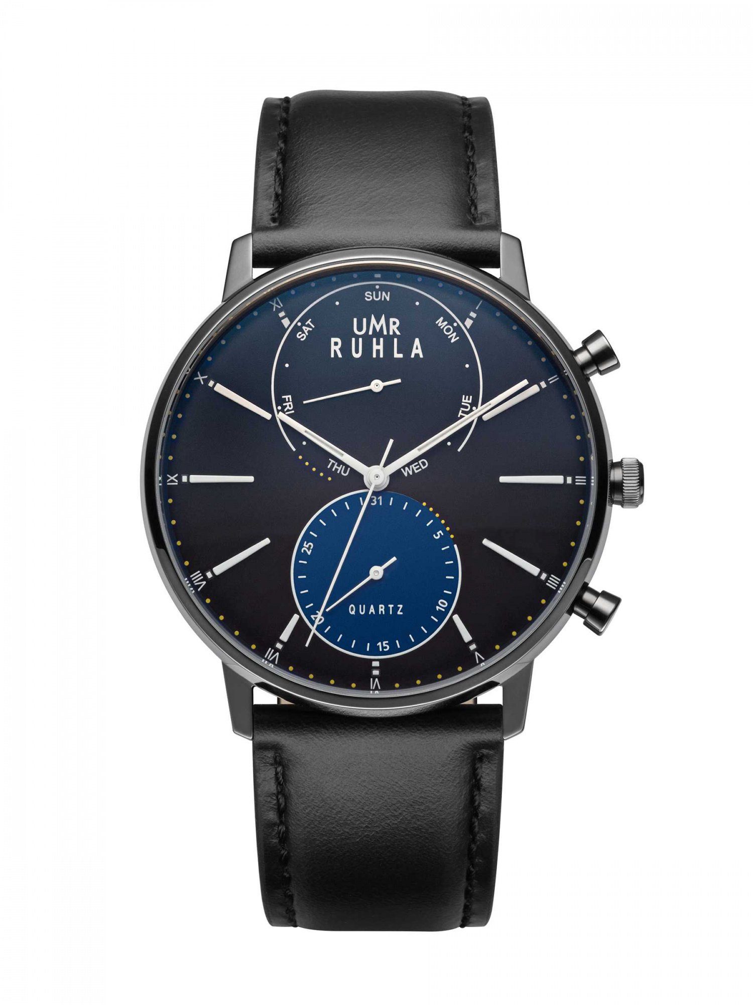 Herren Sportliche blau, mit Quarzwerk schwarz für Uhr Lederband hochwertigem Classic 42 UMR Ruhla japanischem Herrenuhr mm, 36181 Quarzuhr VX9N