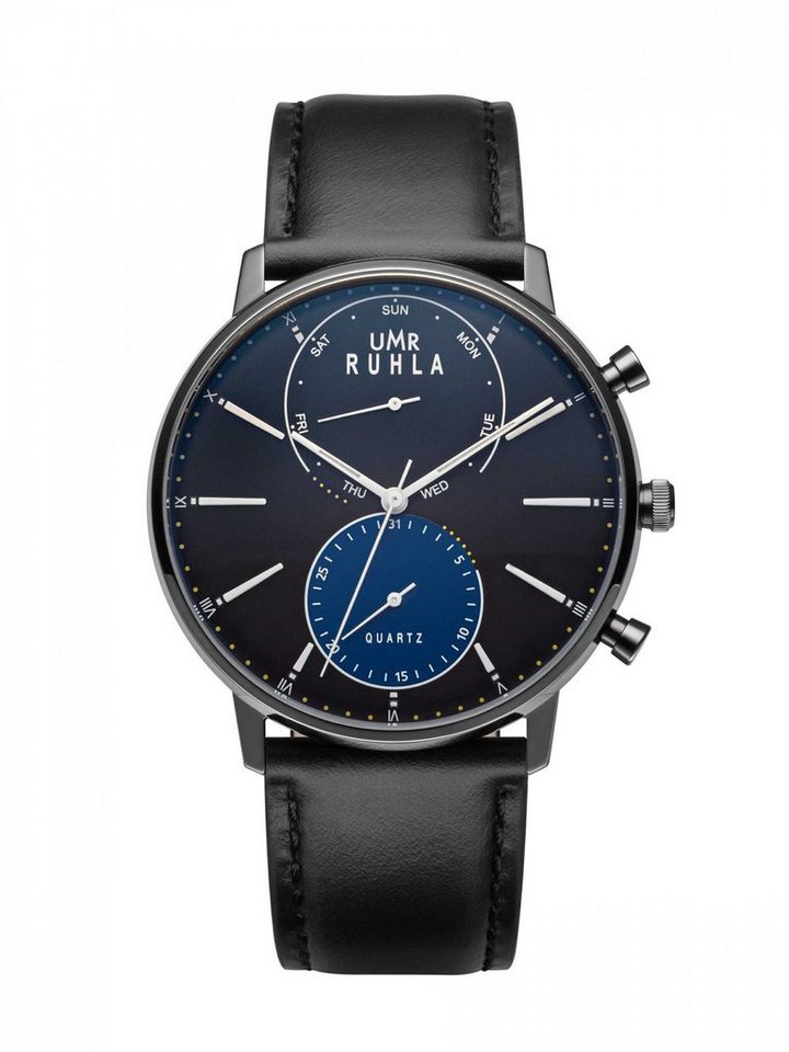 UMR Ruhla Quarzuhr Classic Herrenuhr 36181 blau, schwarz Lederband 42 mm,  Sportliche Uhr für Herren mit hochwertigem japanischem Quarzwerk VX9N