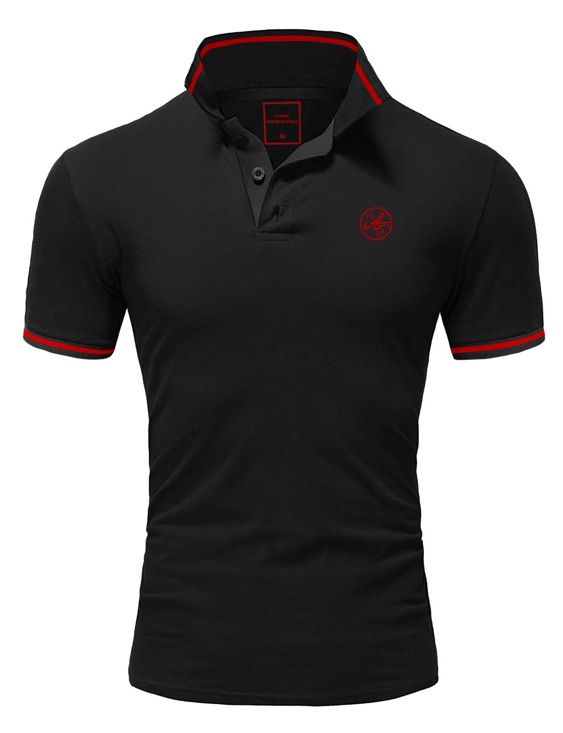 Stickerei MACON Poloshirt Herren Schwarz/Rot Polohemd Kurzarm Basic Amaci&Sons T-Shirt Kontrast