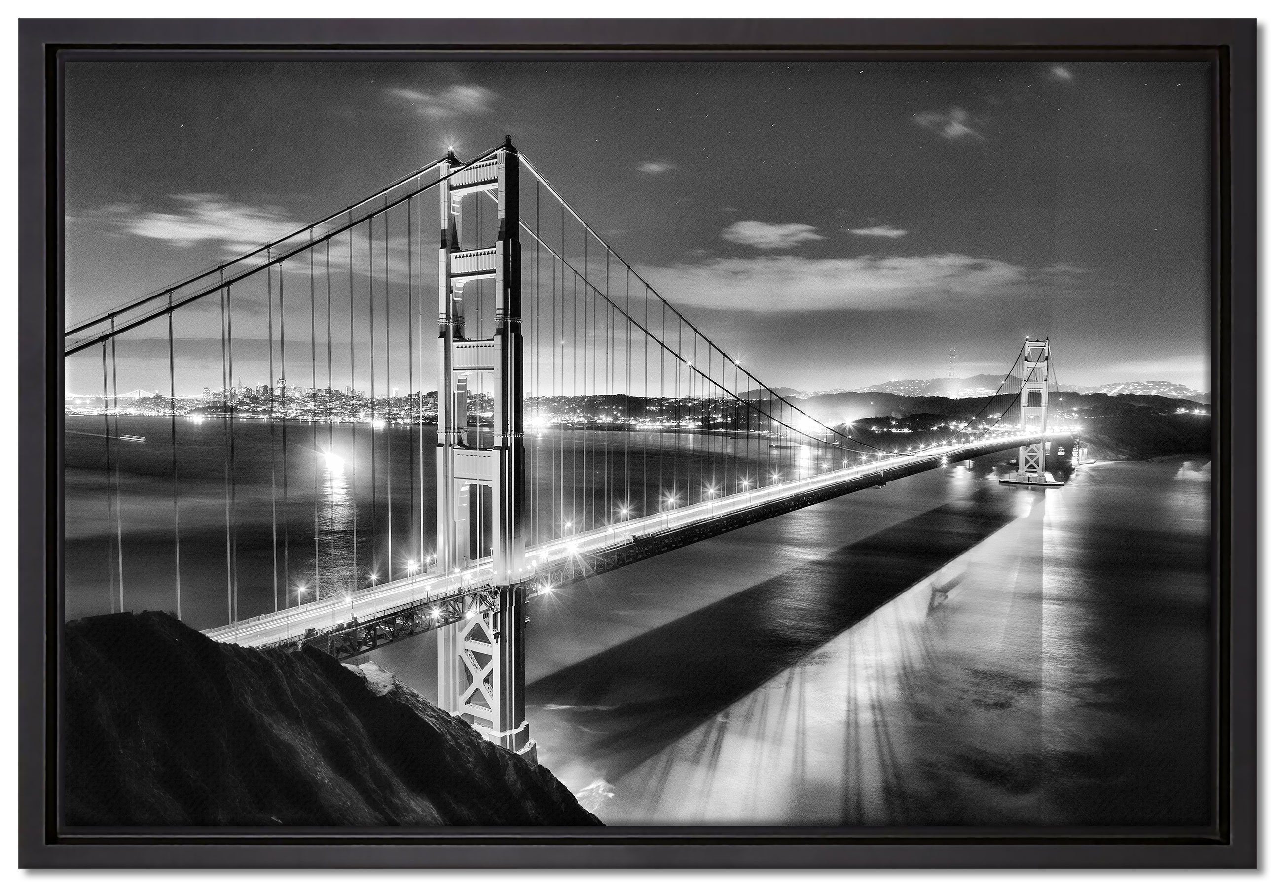 Pixxprint Leinwandbild Golden Gate Bridge bei Nacht, Wanddekoration (1 St), Leinwandbild fertig bespannt, in einem Schattenfugen-Bilderrahmen gefasst, inkl. Zackenaufhänger
