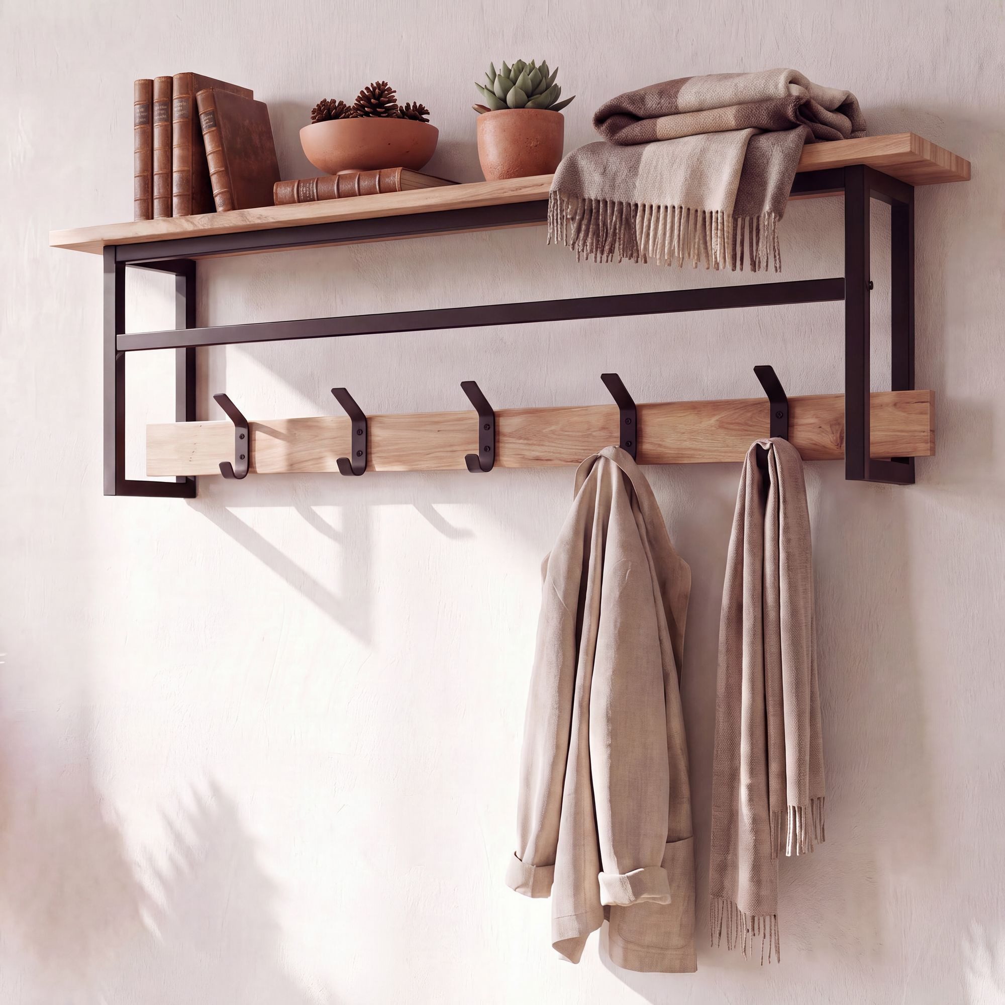 Wohnling Wandgarderobe WL7.849 Hängegarderobe 100cm Garderobe Flurgarderobe Massivholz Metall (Garderobenpaneel mit fünf Haken für deinen Flur), Garderobenleiste mit Ablage und Kleiderstange