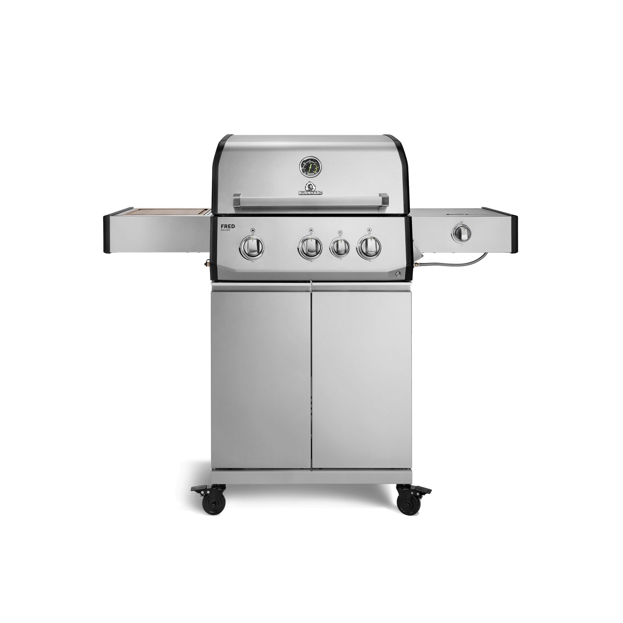 BURNHARD® Gasgrill 2 Edelstahl-Stabbrenner à 3,75 kW, 1 Infrarot-Keramikbrenner 3,75 kW, Infrarot-Keramikheckbrenner 3,2 kW, Seitenkochfeld, Gussrost, Piezo-Zündung – FRED Deluxe