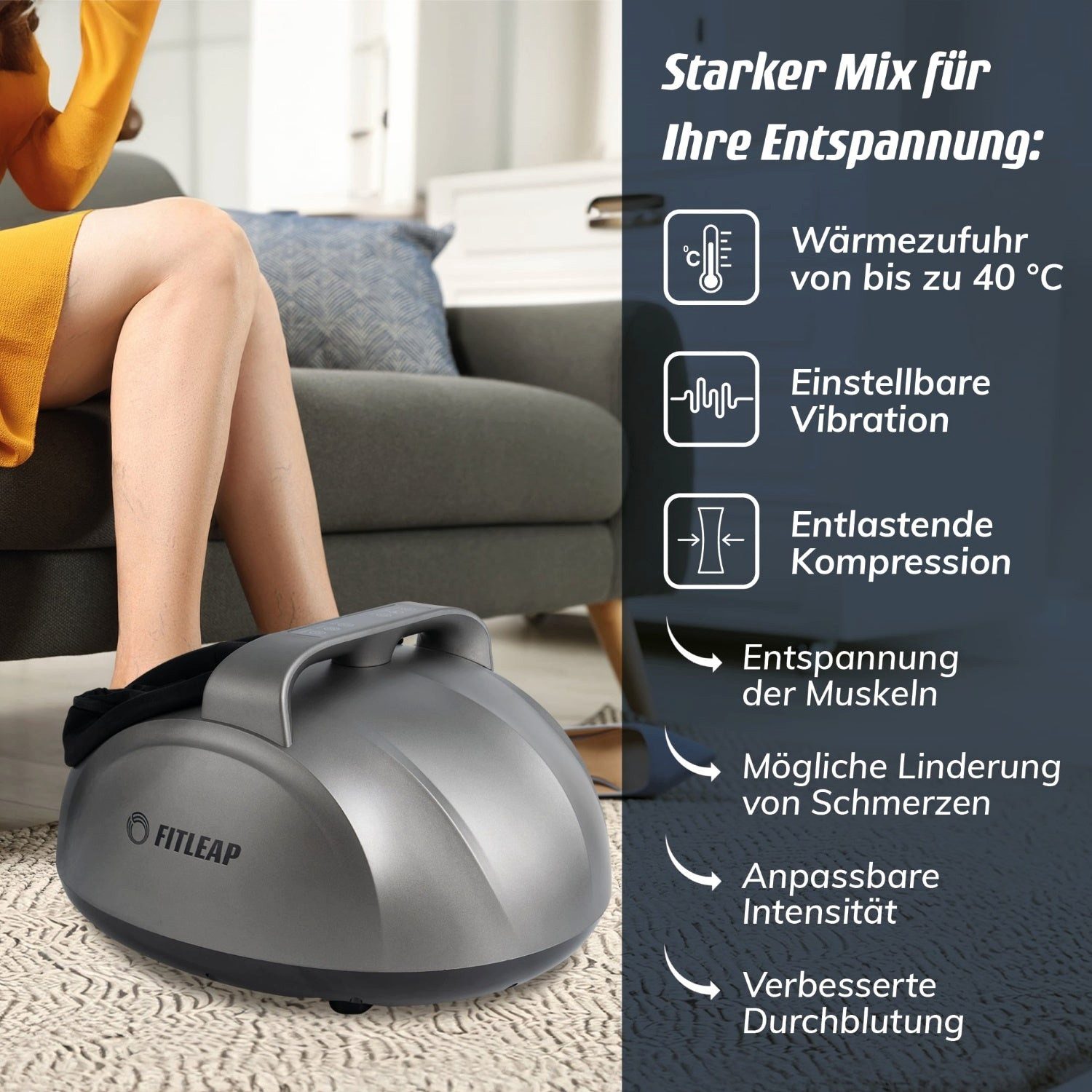 Fitleap Fußmassagegerät mit 9 Intensitätsstufen bis Schuhgröße 44, 5 Programmen, 3 Vibrations…