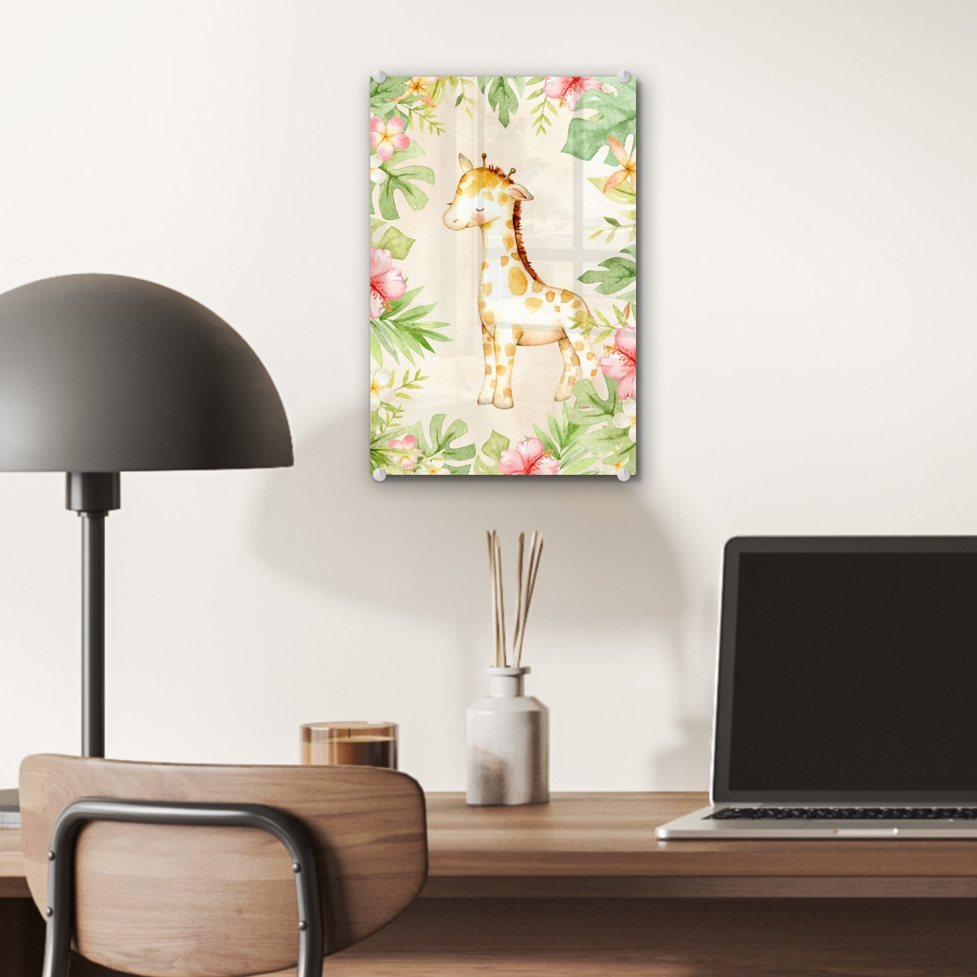 Acrylglasbild Glasbilder - - Giraffe Wanddekoration (1 - Aquarell auf St), Glas auf - Bilder - MuchoWow Foto Wandbild Glas Blumen,